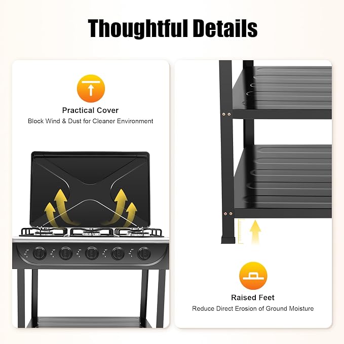 Portable Natural Gas Stove with 5 Burners, Manual Ignition Outdoor Stove for Camping, RV Travel, and Emergency Cooking Black