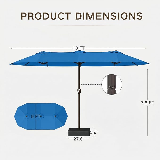 Kingdura 13ft Large Patio Umbrella with Base Included, Double-Sided Rectangle Outdoor Table Umbrella with 12 Reinforced Ribs, Crank Lift for Market Pool Deck Backyard, Royal blue