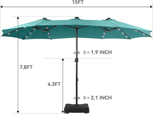 GREEN PARTY 15 ft Large Outdoor Patio Umbrella with Solar Led Lights & Base Included, Double-Sided Rectangular Table Umbrella with Stand, Market Umbrellas for Deck Poolside Garden Backyard, Turquoise