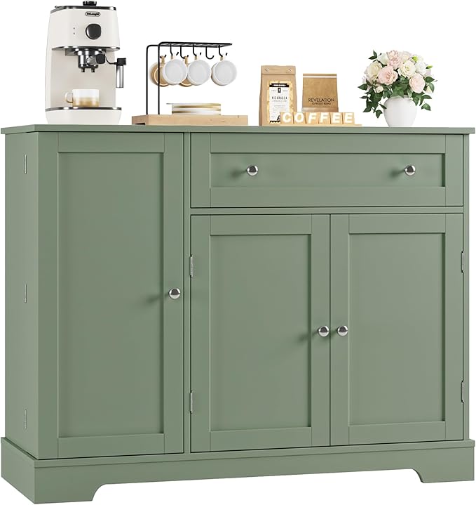 HOSTACK Buffet Cabinet with Storage, Modern Sideboard Buffet with Doors, Wood Coffee Bar Kitchen Storage Cabinet with Drawer and Adjustable Shelf for Kitchen, Dining Room, Living Room, Green
