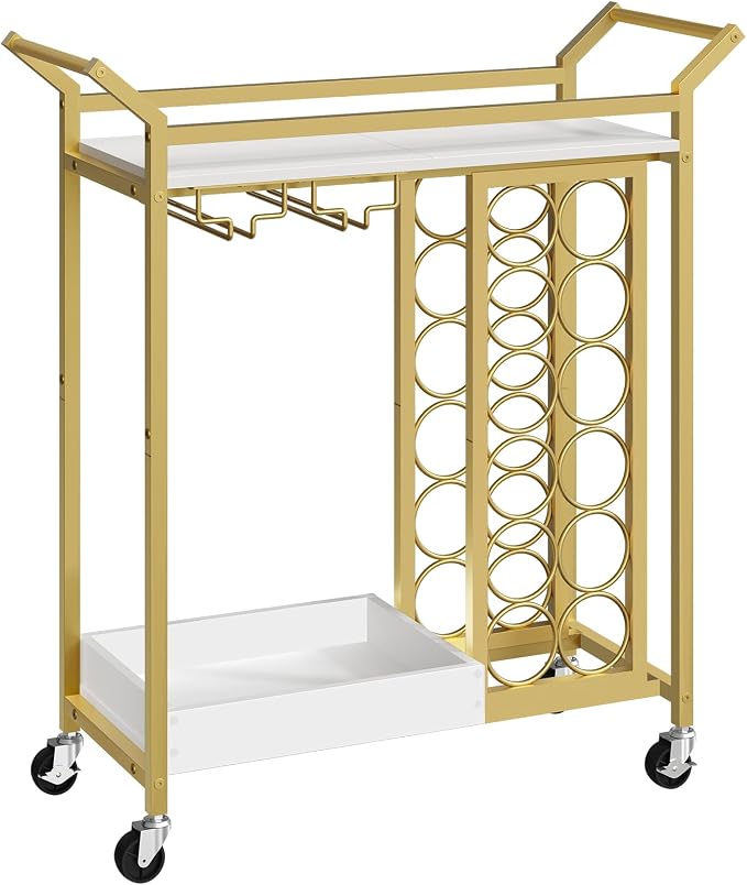 MAHANCRIS Gold Bar Cart, Bar Cart for Home, 2-Tier Wine Rack, Wine Cart with Wheels, Drink Cart with Glass Holder, Serving Cart for Kitchen, Gold and White RCJW18101