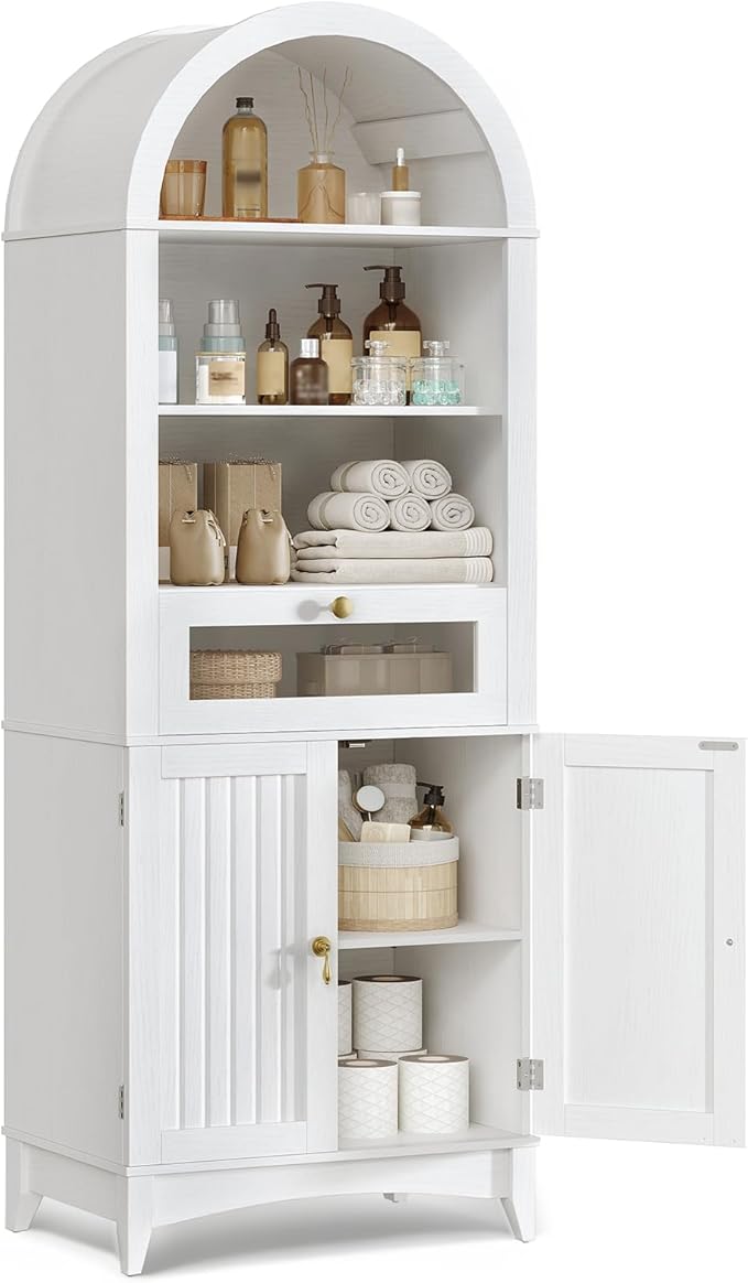 RALGEND 66" Tall Bathroom Storage Cabinet with Flip Drawer, Freestanding Storage Cabinet with Doors & Shelves,Arched Cabinets for Bathroom, Living Room, Kitchen, Laundry, White