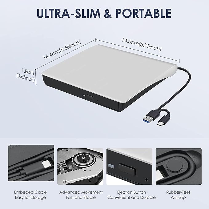 External CD/DVD Drive for Laptop, Type-C CD/DVD Player USB 3.0 Portable Burner Writer Reader Compatible with Mac MacBook Pro/Air iMac Desktop Windows 7/8/10/XP/Vista(White)