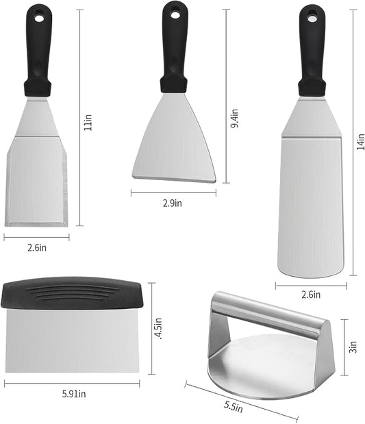 Stainless Steel Griddle Accessories Kit, Amafox 5-Piece Grill Spatula Set with Full Tang Handle- Flat BBQ Grill Griddle Accessories- Spatula Pancake Flipper Hamburger Turner