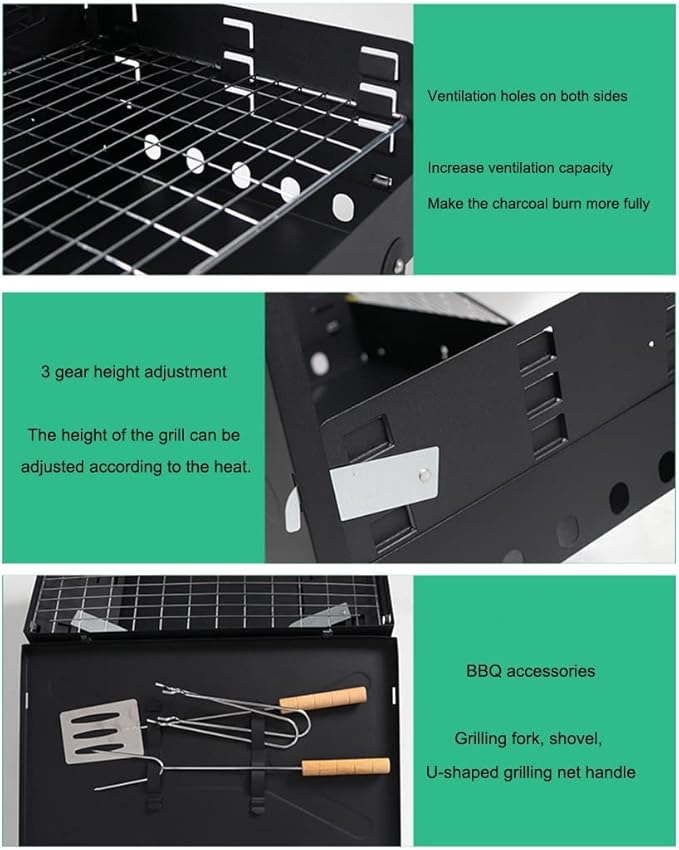 Charcoal Grills, Portable Camping Grill, Folding BBQ with Lid, 3-Level Height Adjustment, for 3 to 5 People for Outdoor Hiking Party Park Beach (Black 44 * 27 * 29cm)