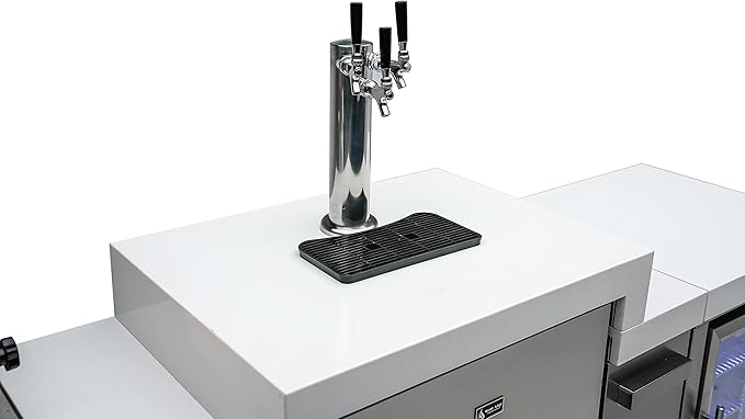 Mont Alpi 120"W x 98"D Deluxe L-shaped Stainless Steel Outdoor Kitchen Island with Fridge Faucet & Sink Combo + 3-tap Kegerator Beer Dispenser + 32"W 4-Burner BBQ Grill + Storage Cabinets + Cover