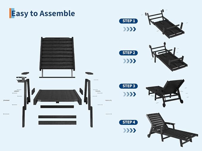 Garvee Lounge Chair Outdoor with Wheels & 5-Position Adjustable Backrest, Oversized Chaise Lounge with 2 Move Handle, HDPE Outdoor Lounge Chair w/Detachable Cup Holder, for Patio, Pool,Black