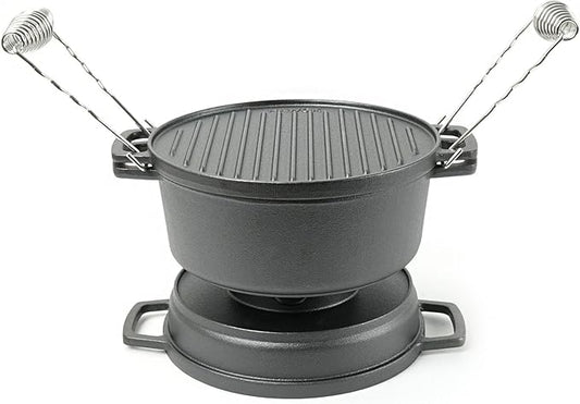 HAWOK 5 piece Stove Set, Pre-Seasoned Cast Iron Charcoal Grill Stove with 4QT Dutch Oven, with Multipurpose Lid, Five-Leg Buffet Tray, Multipurpose BBQ Stove Set