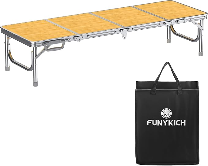 FUNYKICH 4ft Low Folding Picnic Table(45.7''x15.7''x10.3''), Thicker Aluminum Legs Beach Table with Handle & Carry Bag, Lightweight Small Camping Table for Picnic Beach Camping Party, Yellow