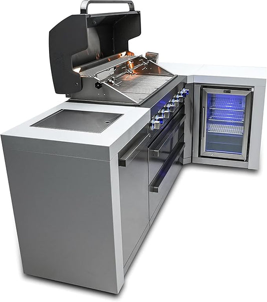 Mont Alpi 94"W x 50"D Deluxe Stainless Steel L-shaped Modular Outdoor Kitchen Island + Infrared Side Burner + Refrigerator + 44"W 6-Burner BBQ Grill + Granite Countertops + Storage Cabinets & Drawers
