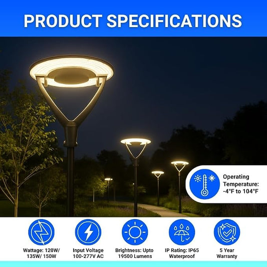 Outdoor Post Light Fixtures 120W / 135W / 150W LED Parking Lot Area Lighting Plaza Lighting, Garden Lighting Type IV Distribution 3000K / 4000K / 5000K AC100–277V 1 Pack