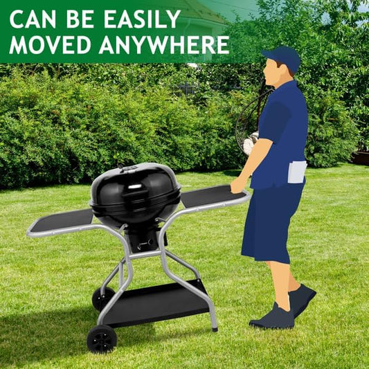 Black Charcoal Grills with Table, Portable BBQ Grill for Outdoor Camping, Barbecue Grill with Cover, Kettle Grill for Outdoor Cooking Family Party