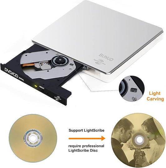 External CD DVD Drive LightScribe CD/DVD +/-RW Burner Player Writer Optical Disk Reader Portable CD DVD Drive for Laptop Mac MacBook PC Windows 11 10 Linux OS