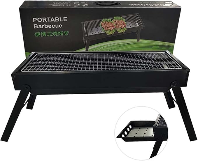 Srliya Portable BBQ Grill, Charcoal Grill with Extended Stainless Steel Grid and Pull Out Box, Lightweight Foldable Design for Camping Picnics Traveling ((Approx. 60.2x22.2x32.8cm / 23.7x8.7x12.9in
