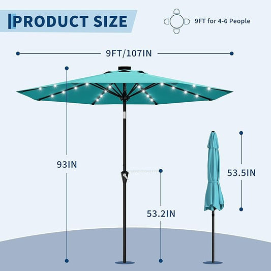 Garvee 9FT Solar Patio Umbrella with 32 LED Lights - Outdoor Table Umbrella with Crank Lift, Push Button Tilt and 8 Sturdy Ribs - Market Umbrella UV Protection for Pool, Deck, Yard, Garden -Sky Blue
