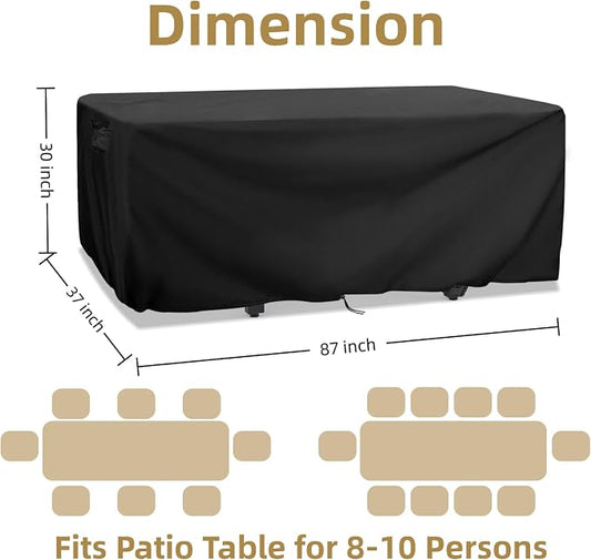 Patio Dining Table Cover for 8-10 Person Large 7-8 FT Rectangle Furniture | 87x37x30,Waterproof Dustproof Heavy Duty Oxford Fabric, Patio Table Cover with Air Vent, Buckle, Handle and Drawstring