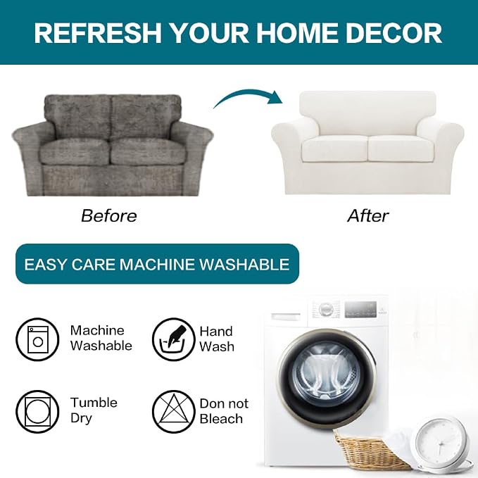Turquoize 3 Piece Sofa Covers for 2 Cushion Couch Sofa Slipcover Soft Couch Cover for Dogs-Washable Sofa Furniture Cover with 2 Individual Cushion Covers, Jacquard Fabric (Loveseat, Porcelain White)