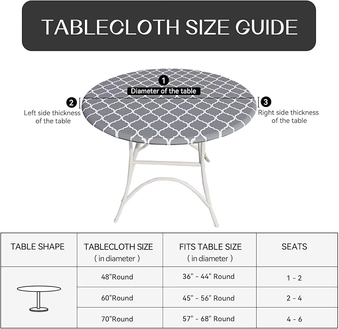 Romanstile Round Fitted Vinyl Tablecloth with Elastic Edge 100% Waterproof | Table Covers for 36"- 44" Tables, Wipeable Flannel Backed Plastic Table Cloths for Dinner Picnic Camping, GreyMoroccan