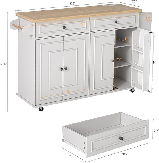 ComfyCorner 58" Rolling Kitchen Island with Storage, Island Table for Kitchen with Power Outlet, Multi-level Kitchen Islands on Wheels, Mobile Bar Cart with Spice Rack, Towel Rack, Knife Holder, White