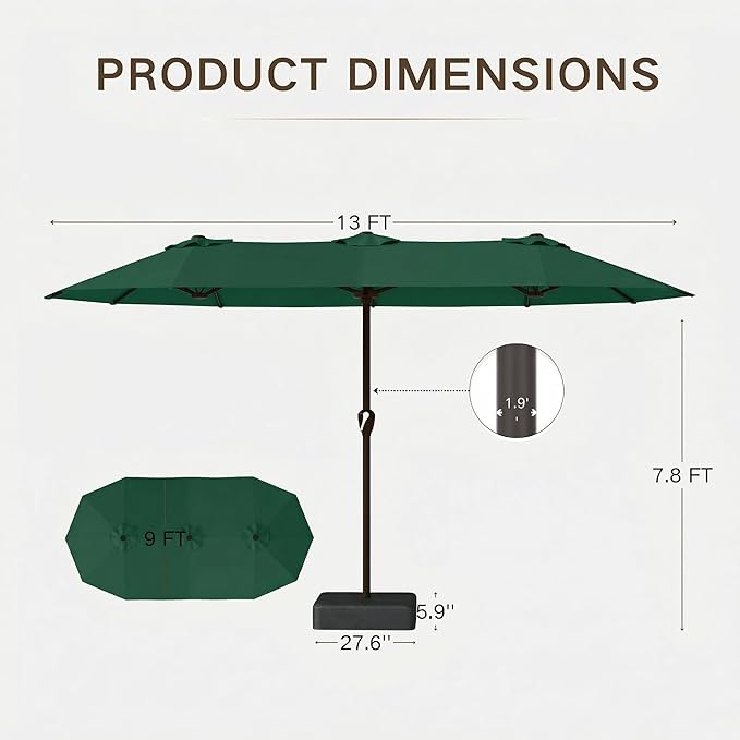 Kingdura 13ft Large Patio Umbrella with Base Included, Double-Sided Rectangle Outdoor Table Umbrella with 12 Reinforced Ribs, Crank Lift for Market Pool Deck Backyard, Dark green
