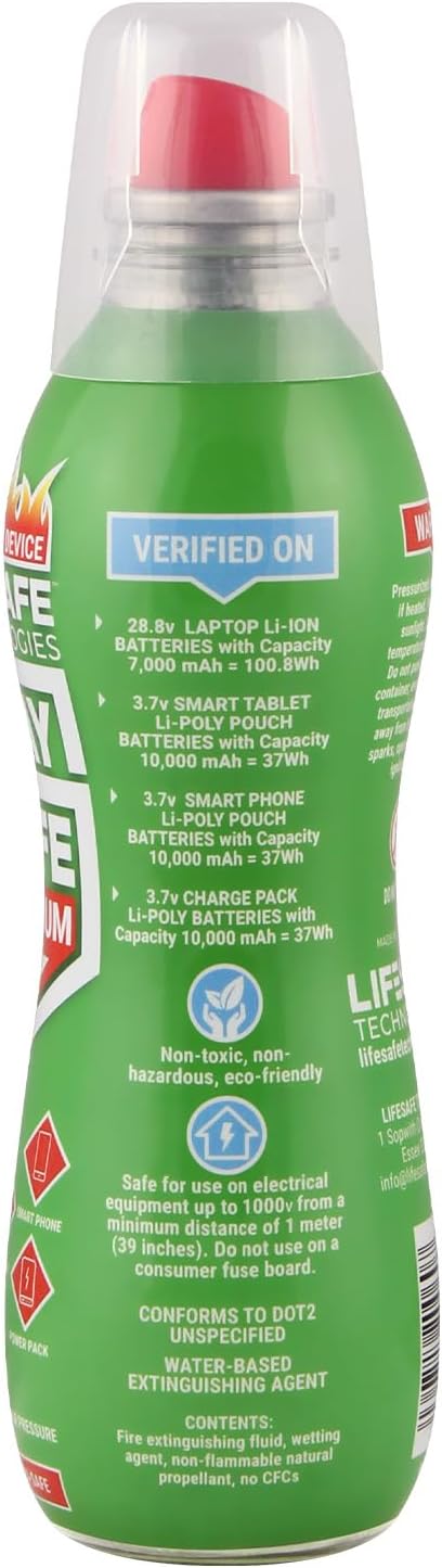 StaySafe Lithium Fire Extinguishing Spray By LifeSafe Technologies | Patented Non-Toxic Fluid Suppresses Fires Caused By Lithium-Ion Batteries in Phones, Laptops, Power Banks and Other Electronics