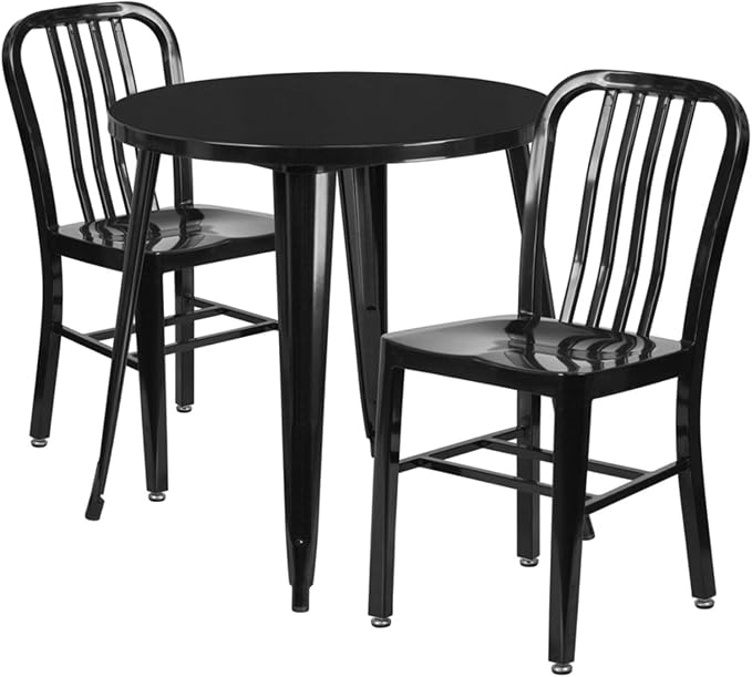 Flash Furniture Craig Commercial Grade 30" Round Black Metal Indoor-Outdoor Table Set with 2 Vertical Slat Back Chairs | Commercial Grade, Indoor/Outdoor Use, Vertical Slat Back