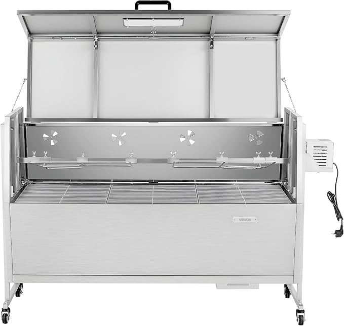 VEVOR Rotisserie Grill, 52in BBQ Outdoor Pig & Lamb Spit Roaster, Charcoal Spit Roaster with 132 LBS Capacity, Wheels, 4-Level Height, Stainless Steel Electric Rotisserie Grill Kit for Camping Outdoor