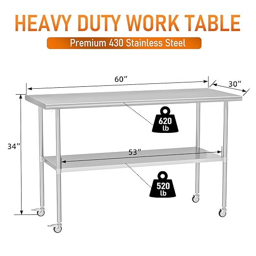 Stainless Steel Table with Wheels for Food Prep & Work 30" x 60" Utility Table with Adjustable Undershelf, Commercial Workstation in Kitchen, Garage, Home and Hotel