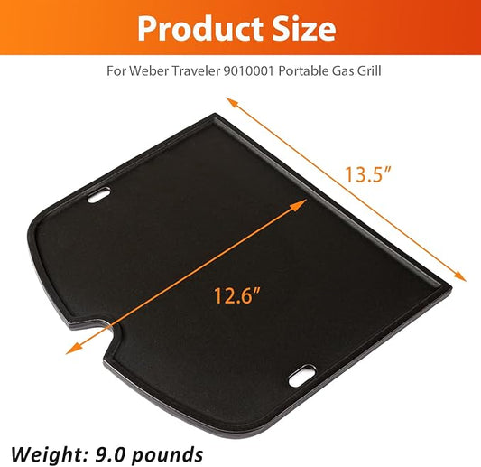 Hisencn 7034 Cast Iron Griddle for Weber Traveler Gas Grill | Cast Iron Griddle for Flat-Top Cooking; Fits Weber Traveler 9010001 Portable Gas Grill; Even Heat Distribution