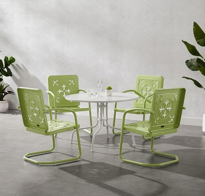 Crosley Furniture Azalea 5-Piece Vintage Outdoor Dining Set for 4, Retro Metal Round Patio Table and Chairs, Key Lime Gloss/White Satin
