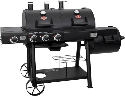 Char-Griller® Texas Trio 3-Burner Gas & Charcoal Grill and Smoker, Push Button to Ignite, Dual temperature Guages, Side Burner, Includes Side Firebox, 1,390 Cooking Square Inches, Black, Model# 3070
