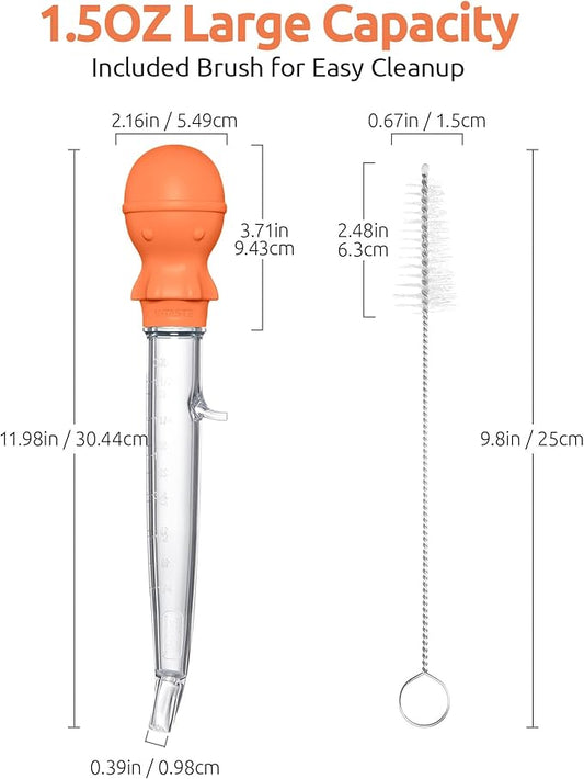 U-Taste 1.5oz Angled Turkey Baster - 228.2ยบF Heat Resistant Food Grade Tritan and Silicone Large Octopus Bulb Baster Set with Cleaning Brush for Cooking Basting Meat Poultry Beef Chicken (Orange)