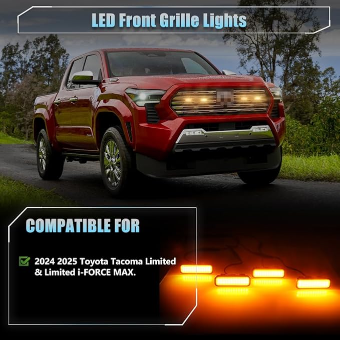 4 PCS Full LED Front Grille Lights for Toyo-ta Tacoma 2024 2025 Limited&Limited i-Force MAX, Amber LED Grille Clearance Light, OEM Grill Led Grilles Light for Tacoma Accessories