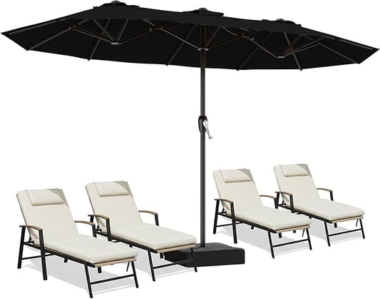AreShark 15ft Patio Umbrella with Base, Double Sided Outdoor Umbrella with 12 Fiberglass Ribs, Large Outdoor Umbrella for Garden, Pool, Deck, Backyard & Market, Black