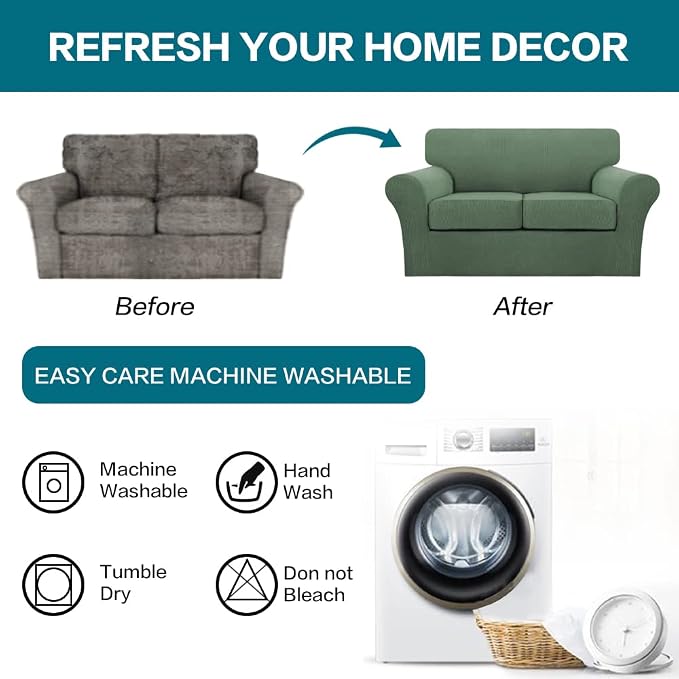 Turquoize 3 Piece Sofa Covers for 2 Cushion Couch Sofa Slipcover Soft Couch Cover for Dogs-Washable Sofa Furniture Covers with 2 Individual Cushion Covers (2 Cushion Sofa, Loden Frost)