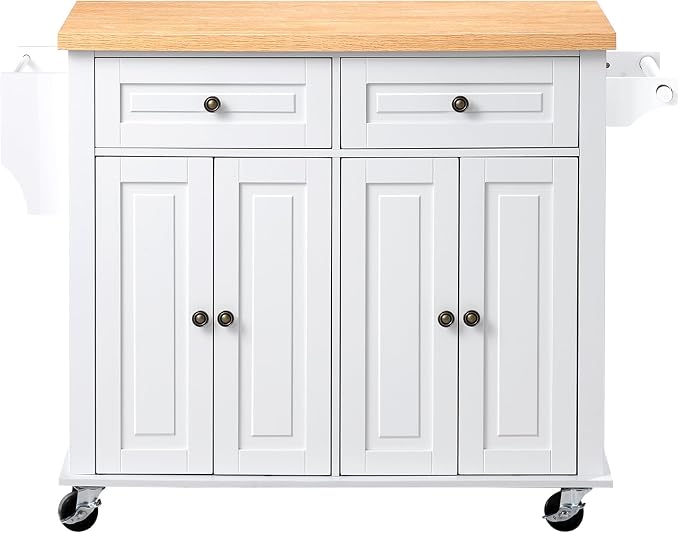 VEVOR Kitchen Island Cart with Storage, 43.7 in Wide Mobile Rolling Storage Island on Swivel Wheels, with 2 Drawers, Storage Cabinet, Spice/Towel Rack, Hooks, Table for Home Dining Room, White | Home Dining Use, Spice Towel Rack With Hooks, Cabinet She...