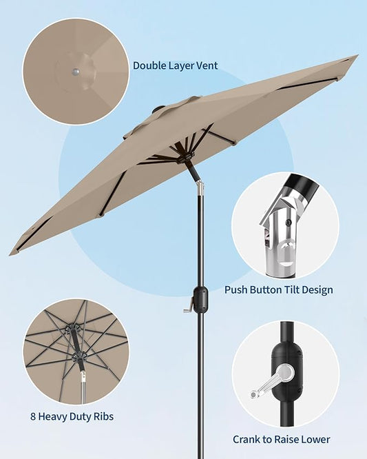 GarveeLife 10 ft Patio Umbrella, Outdoor Table Market Umbrella with Push Button Tilt and Crank, 8 Sturdy Ribs UV Protection Waterproof for Garden, Deck, Backyard, Pool (Tan)