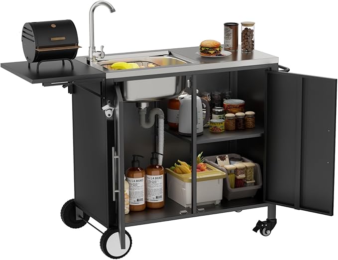 Outdoor Grill Table with Sink, Metal Worktable Kitchen Cabinet Island w/ 304 Stainless Steel Sink, Foldable Top and Storage Cabinet, Rolling Grill Cart with Wheels for Garden, Backyard and Lawn