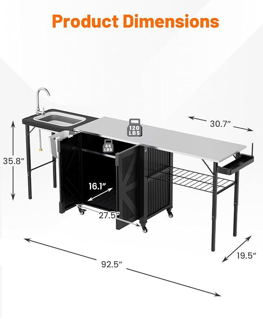 AECOJOY Outdoor Grill Cart Table with Sink, Portable Folding Outdoor Kitchen Island with Storage Cabinet, Stainless Steel Rolling Grill BBQ Food Prep Station with Wheels for Patio, Backyard