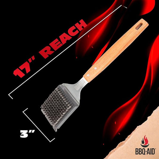 BBQ-Aid Grill Brush and Scraper for Barbecue โ Grill Brush for Outdoor Grill with Extended, Large Wooden Handle and Replaceable Stainless Steel Bristles Head โNo Scratch- BBQ Grill Brush for Any Grill