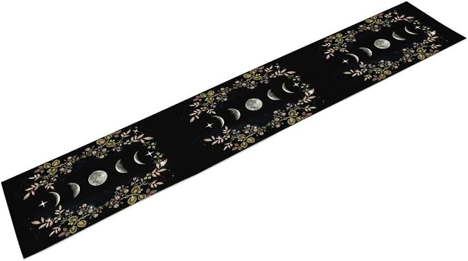 Boho Floral Moon Table Runner, Cotton Linen Non-Slip Dining Table Runners Black Flower Wildflower Moon Decor, Dresser Scarves for Coffee Table Wedding Holiday Party Tabletop Kitchen Decor 13x60Inch