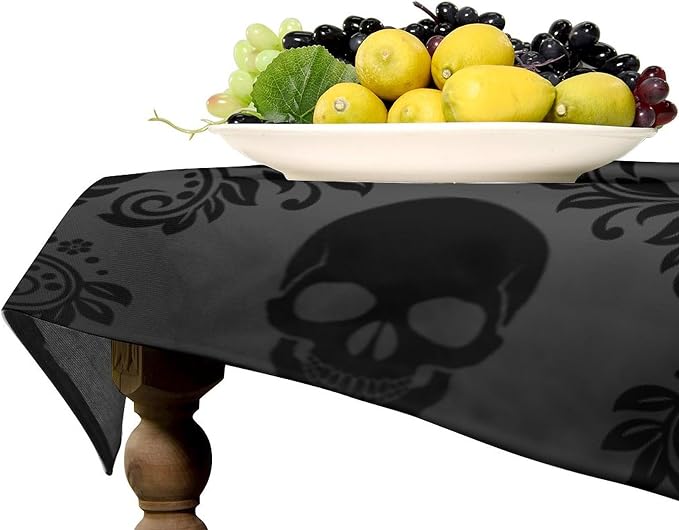 Gothic Black Damask Tablecloth, Vintage Floral Exotic Suger Skull Bohemian Antique Victorian Table Cloth Water Resistant Table Cover for Farmhouse Party Holiday Kitchen Dinner Table 60x110"