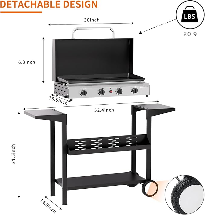 SKOK 4 Burners Outdoor Gas Griddle with Hood, Portable Flat Top Gas Grill-Table Top Propane Griddle Station with Side Shelves for Kitchen, Outdoor BBQ, Camping