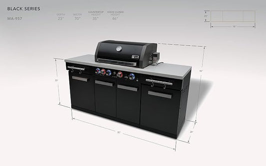 Mont Alpi 70"W x 24"D x 46"H Black Stainless Steel Outdoor Kitchen Island + 32"W 4-Burner BBQ Gas Grill with Infrared Burner + Storage Cabinets + White Granite Countertops + Natural Gas Conversion Kit