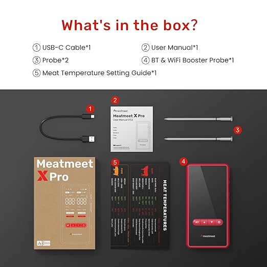 Wireless Bluetooth Meat Thermometer Digital, Standalone Base, WiFi Unlimited Range, AI guided cooking, 6 Sensors with ยฑ 0.18ยฐF Accuracy, 2 Probes for Kitchen, BBQ, Grill, Oven, Smoker (X Pro)