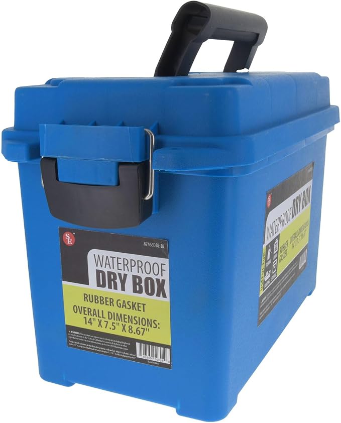 SE Waterproof Dry Box with Detachable Lid – 14" x 7.5" x 8.67" Blue Storage Case with Rubber Gasket Seal, Snap Closures & Handle for Camping, Boating, Fishing Gear & Outdoor Protection