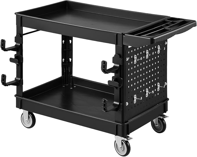 VEVOR Utility Cart with Tray & Pegboard, 44.8 x 24in 2 Tier Service Cart with 360° Swivel & Fixed Wheels (2 Brakes), 550 LBS Work Cart Tub Storage W/Deep Shelves, Tool Storage for Garage Warehouse
