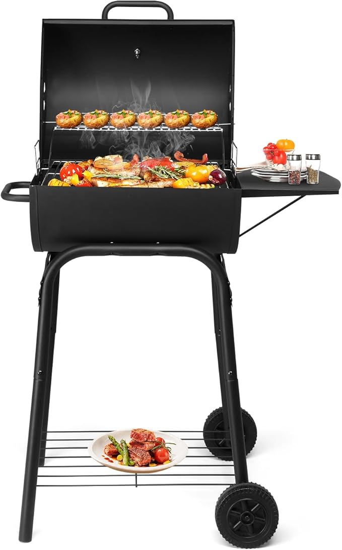 Charcoal Grill Outdoor BBQ Smoker, 33.8 Inch Barrel Barbecue Grill with Height-Adjustable Charcoal Tray, Warming Rack, Side Table and Wheels for Backyard Camping Picnic Patio, Black