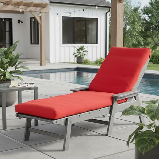 Modern Outdoor Chaise Lounge Cushion with Ties – Durable Polyester Fabric, Channel-Filled Polyfiber Insert, Removable Zippered Cover, Salsa Red