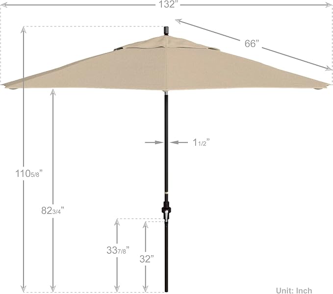 California Umbrella 11Ft Premium Patio Umbrella, Hand-Crank, Tilt-Collar, Bronze Frame, Solution Dyed Beige Fabric